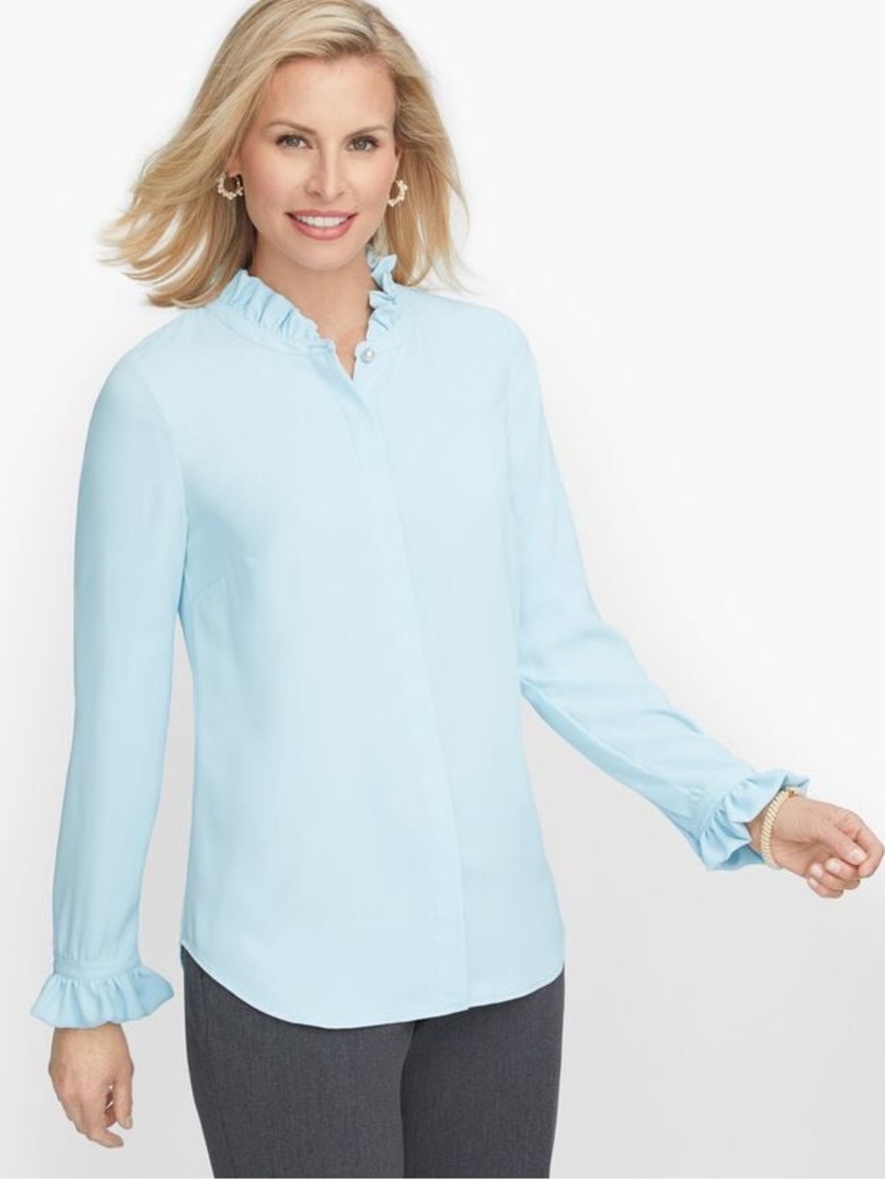 Talbots Petites Light Blue Ruffle Trim Pearl Button-down Blouse XLp L/S Dressy
